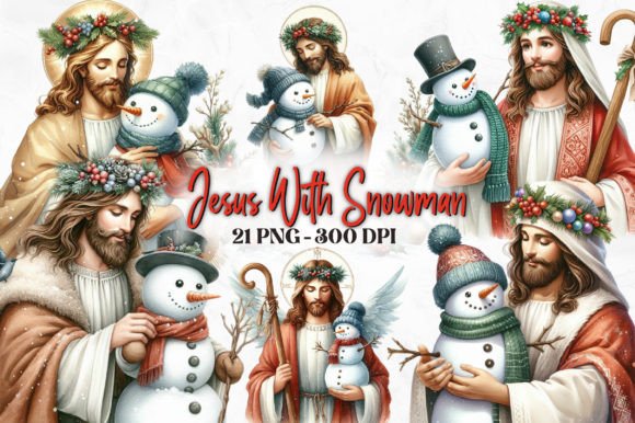 Christmas Jesus with Snowman Clipart and Illustrations